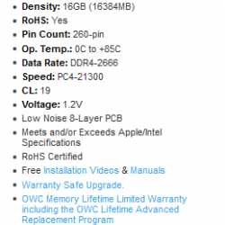 16GB OWC 2666MHz DDR4 SO-DIMM PC4-21300 SO-DIMM 260 Pin